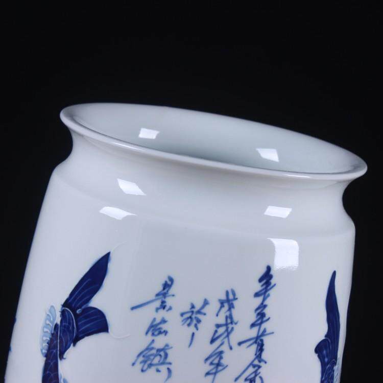 景德镇陶瓷花瓶摆件手工雕刻荷花鱼青花瓷瓶 花插富贵竹水培花瓶