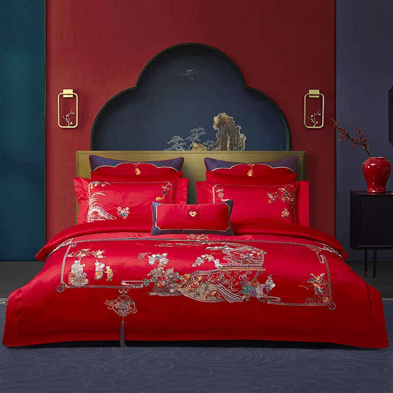 喜被四件套结婚纯棉大红色刺绣百子图新中式婚庆床上用品十件套,床上用品,婚庆床品套件,淘宝优惠券,粉丝福利购,淘宝优惠卷