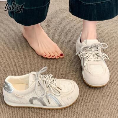 英国真皮平底德训鞋女2026夏季新款超火银色网面透气阿甘休闲板鞋