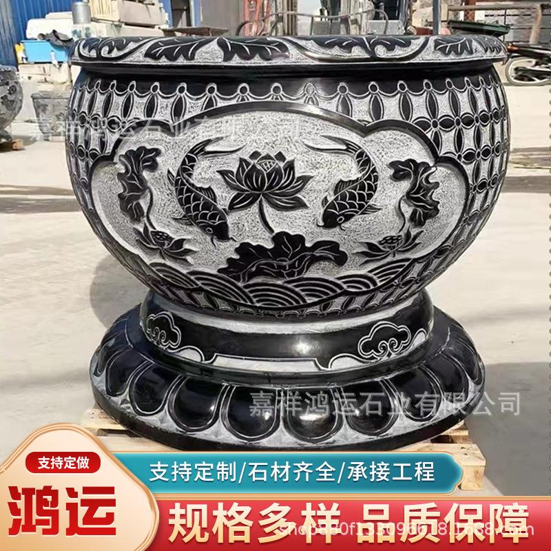 石雕户外景观养鱼石槽石雕荷花鱼鱼缸青石仿古石缸庭院装饰石花盆