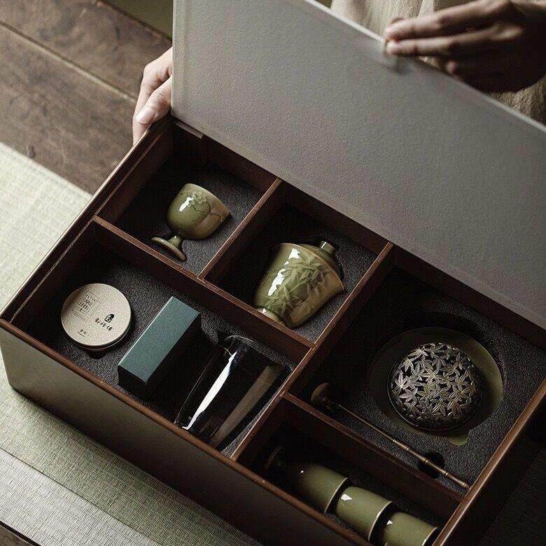 庭野堂越窑青瓷茶具香炉实木收纳展示架陶瓷组合套装中秋送礼品物