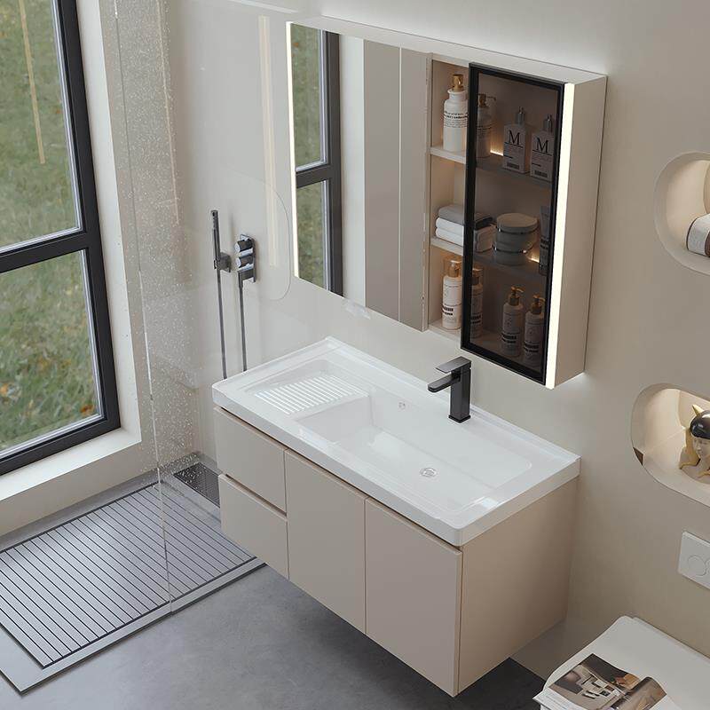 奶油风陶瓷一体盆浴室柜卫生间洗漱台洗手洗脸洗衣盆化妆镜柜组合