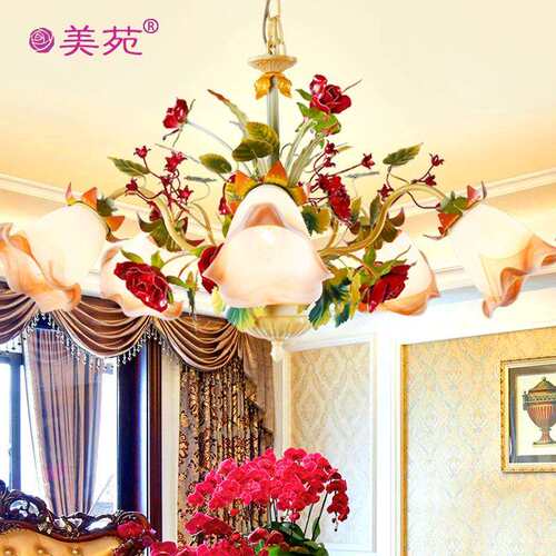 佳苑田园客厅吊灯仿真铁艺玫瑰花温馨卧室灯浪漫led花园灯饰灯具