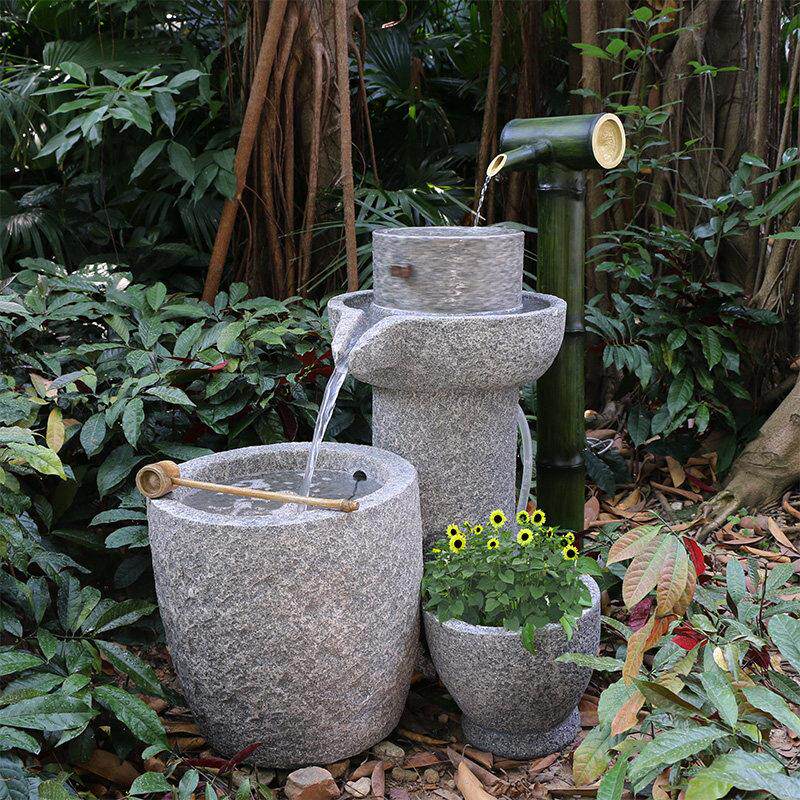 庭院花园大型彷石头 竹子石磨假山流水喷泉景观 户外田园水景摆件