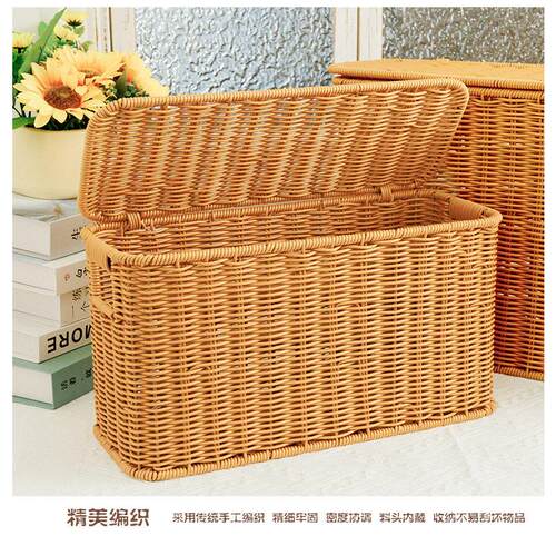 彷藤编收纳箱窄高扁长型带盖子收纳筐家用缝隙杂志筐墙角沙发储物