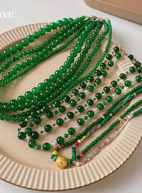 新中式绿色琉璃串珠铜钱珍珠项链复古时尚锁骨链国风高级感项饰女