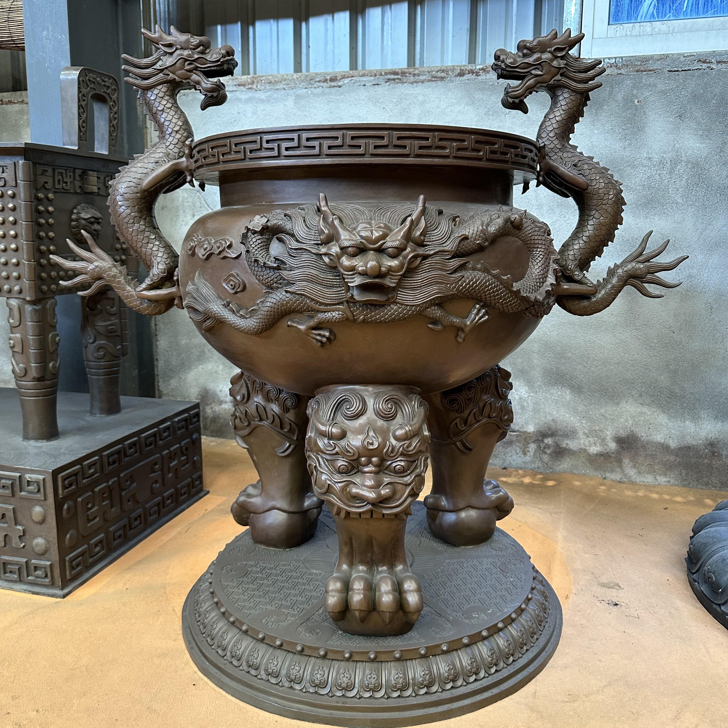 纯铜香炉圆形三足鼎铸铜烧香炉寺庙宗祠天地炉黄铜大香炉祠堂定做