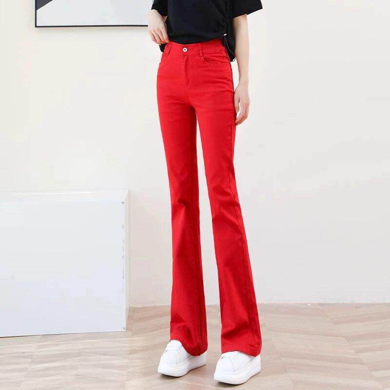 SPYB红色微喇叭牛仔裤女2026秋冬新款马蹄裤高腰显瘦加绒休闲裤子