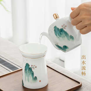 手绘茶壶套装 国潮山水德化白瓷日式 单个大号家用茶具陶瓷盖碗礼品