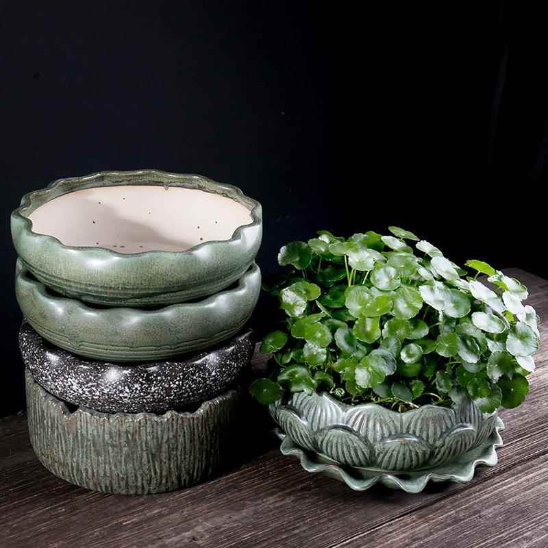 创意睡碗莲金钱草水培植物盆栽 个性窑变多肉水仙花拼盘陶瓷花盆