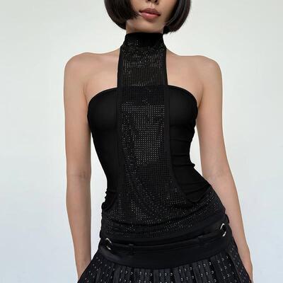 Crystal Embellished Halter Tank Top Womens Sexy Neck Tie