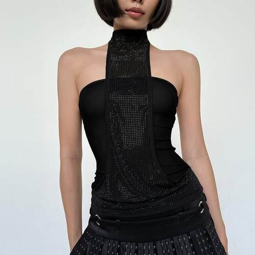 Crystal Embellished Halter Tank Top Womens Sexy Neck Tie