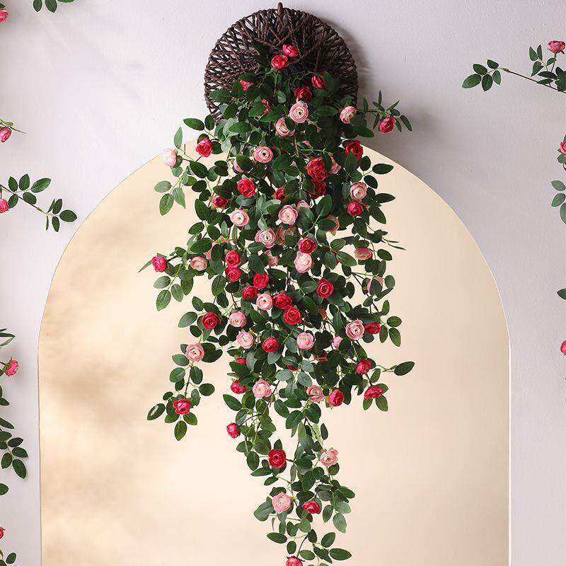 彷真花玫瑰壁挂假花客厅卧室房间挂墙面上绿植吊兰藤条装饰塑料花