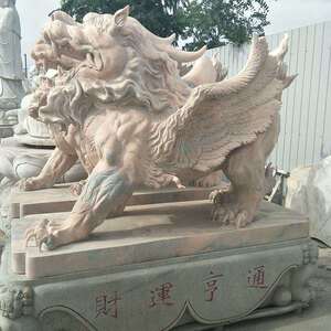 晚霞红狮子雕塑 石雕飞天狮子摆件 雕刻工艺品石雕麒麟动物雕刻