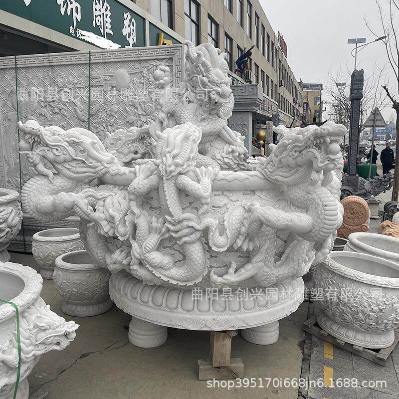 汉白玉龙缸雕龙圆缸石雕九龙壁水缸养花养鱼水池别墅门海造景水盆