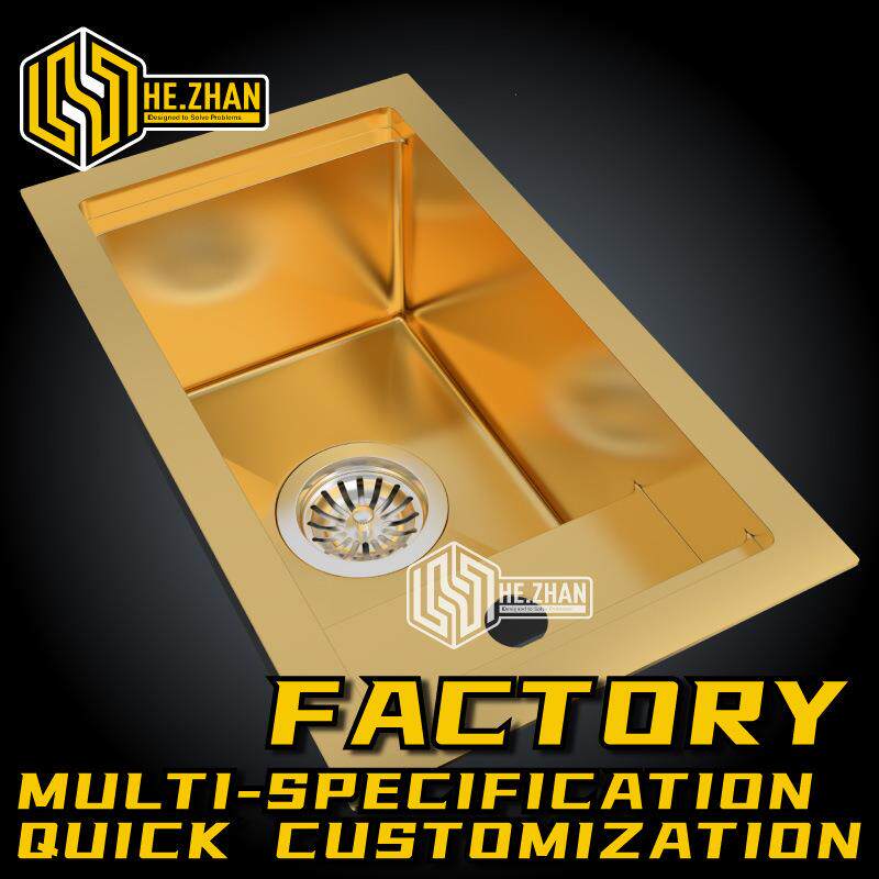 纳米PVD金色不锈钢手工水槽盖板厨房酒吧嵌入安装台上单槽龙头孔