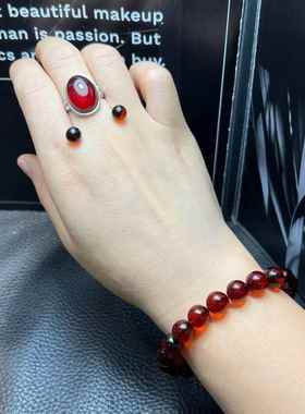 天然血珀手链 圆珠红色琥珀耳钉 女款 戒指 节生日礼物美容养颜