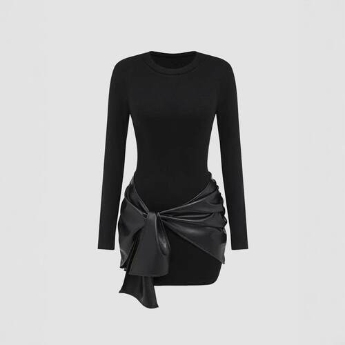 Womens patchwork knotted side ruched longsleeved mini dress