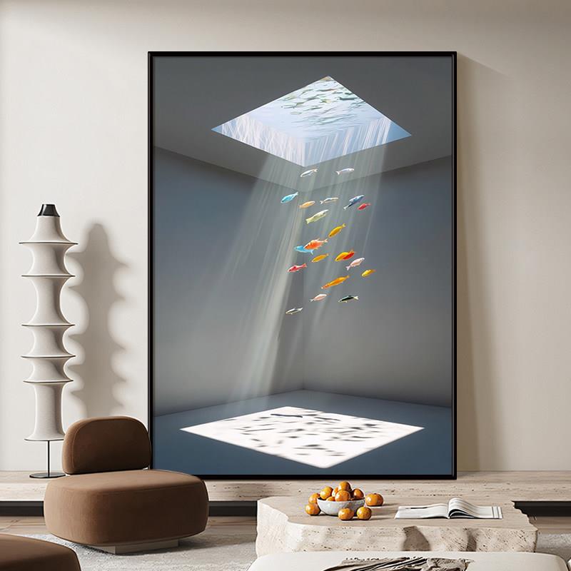 透光的鱼现代简约客厅装饰画北欧手绘油画意式沙发背景墙玄关挂画