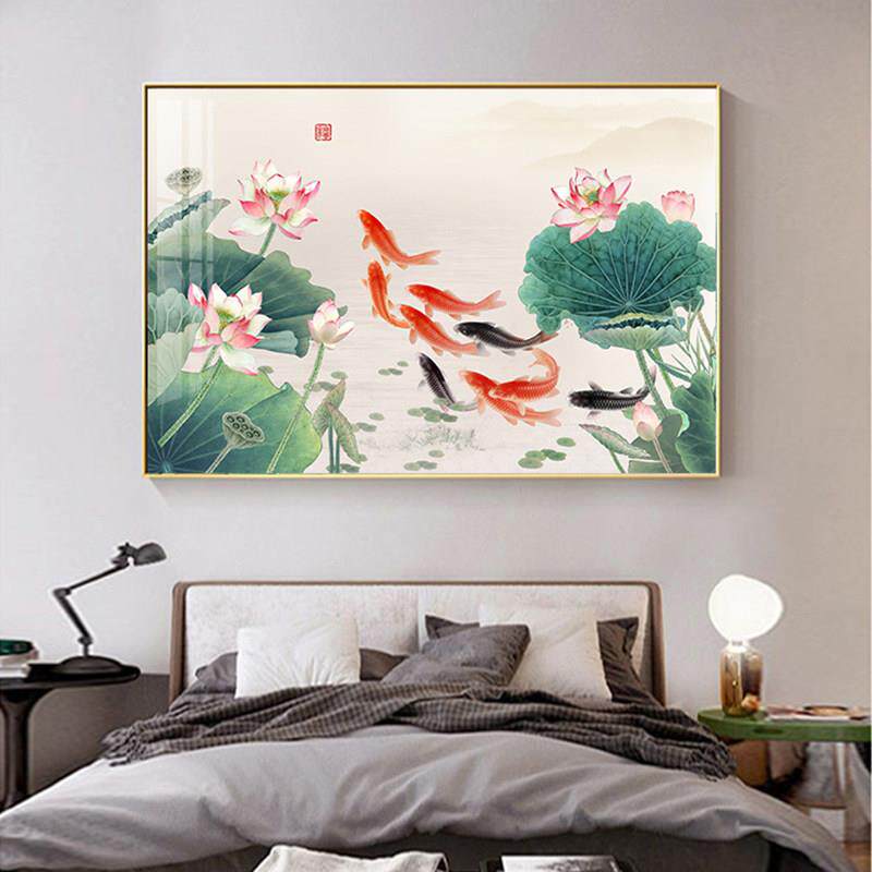 新中式荷花九鱼图装饰画 画客厅横版沙发背景墙挂画 画鲤鱼荷叶莲