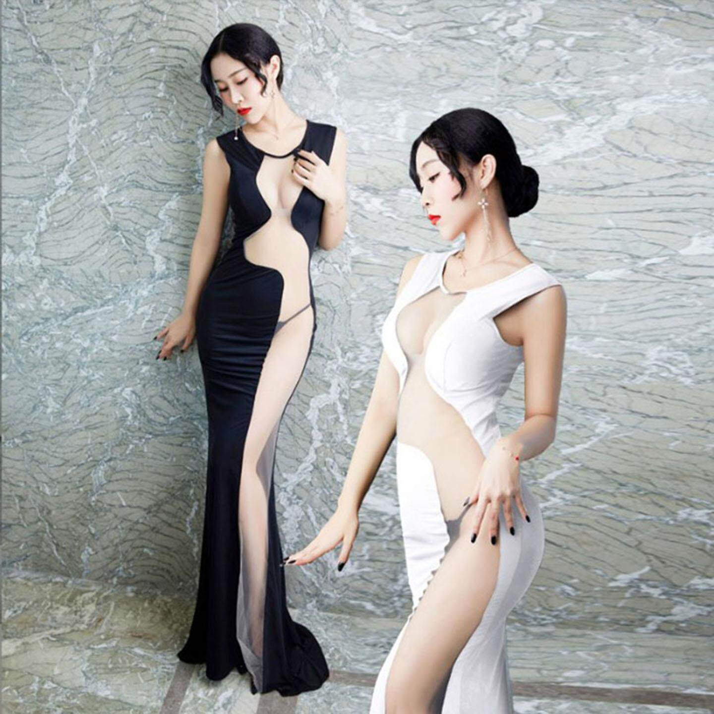 夜店女装性感网纱透视真空修身洋装夜场小姐演出晚礼服桑拿长裙