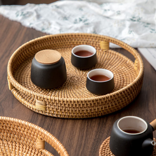 简约茶杯茶具托盘家用手工编织圆形竹编小茶盘茶托盘 越南藤编日式