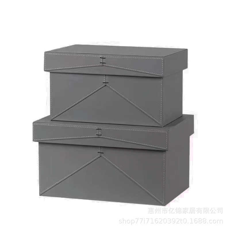 新木质工艺品包装盒家居装饰样板间礼品收纳盒中式皮革摆件绑绳