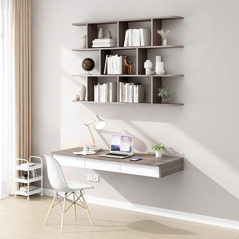 7W实木壁挂书书架桌组电合墙上828置物悬架挂墙脑桌空工作学习桌