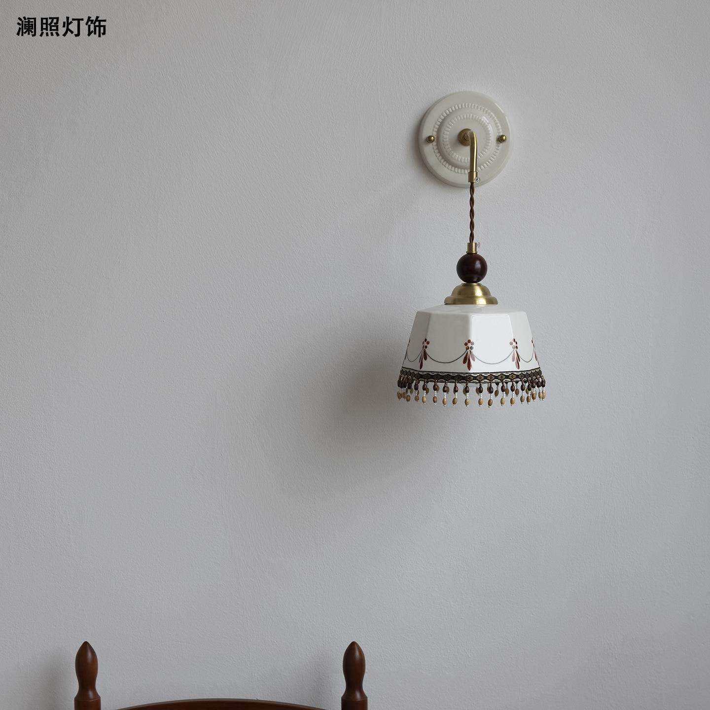 中古风手绘陶瓷床头壁灯法式复古全铜卧室卫生间客厅玄关阳台灯具