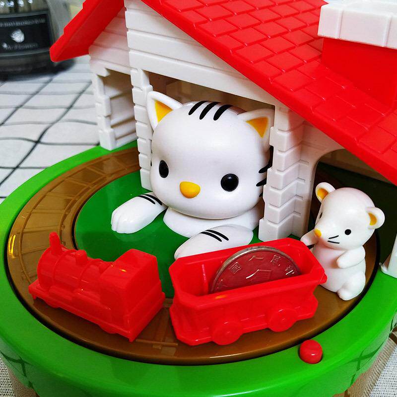 新款直销新款卡通偷钱猫存钱猫抓老鼠火车音乐儿童储蓄微景观摆件