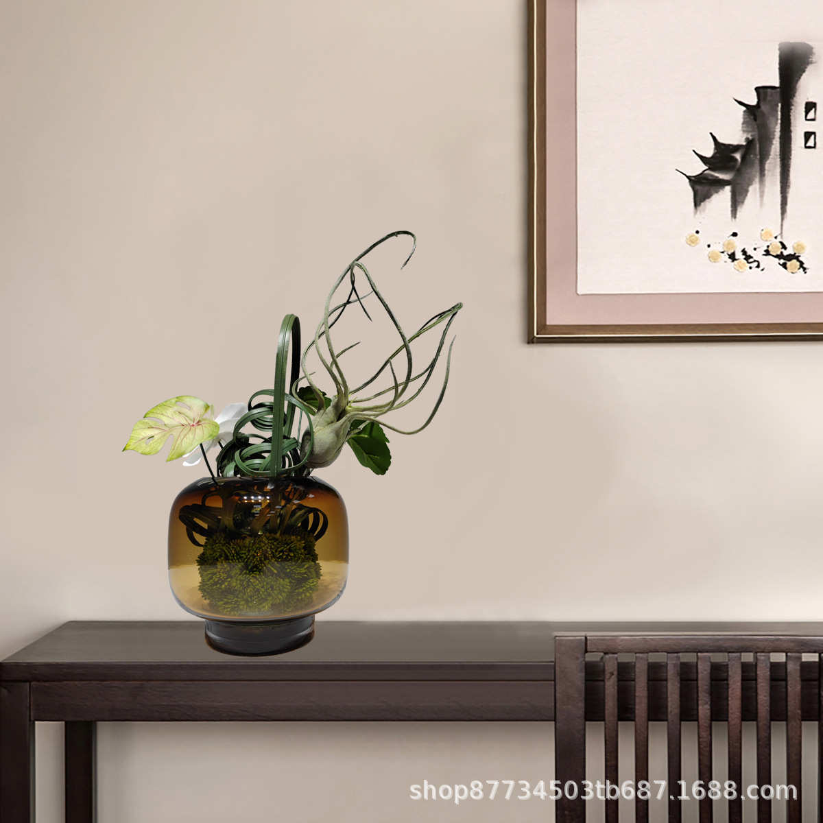 装饰品奢区餐厅所摆件现代酒店会花艺桌面仿真轻新绿清洽谈绕花瓶