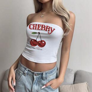 vest worn with Cherry navel printed exposed and letter