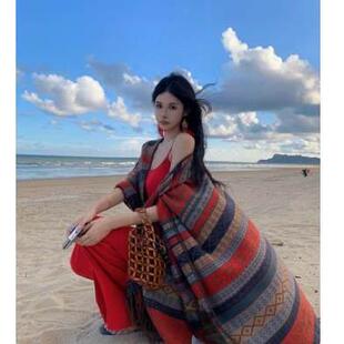 波西米亚民族风红色斗蓬披肩外套女秋季宽松小众流苏防晒上衣外搭