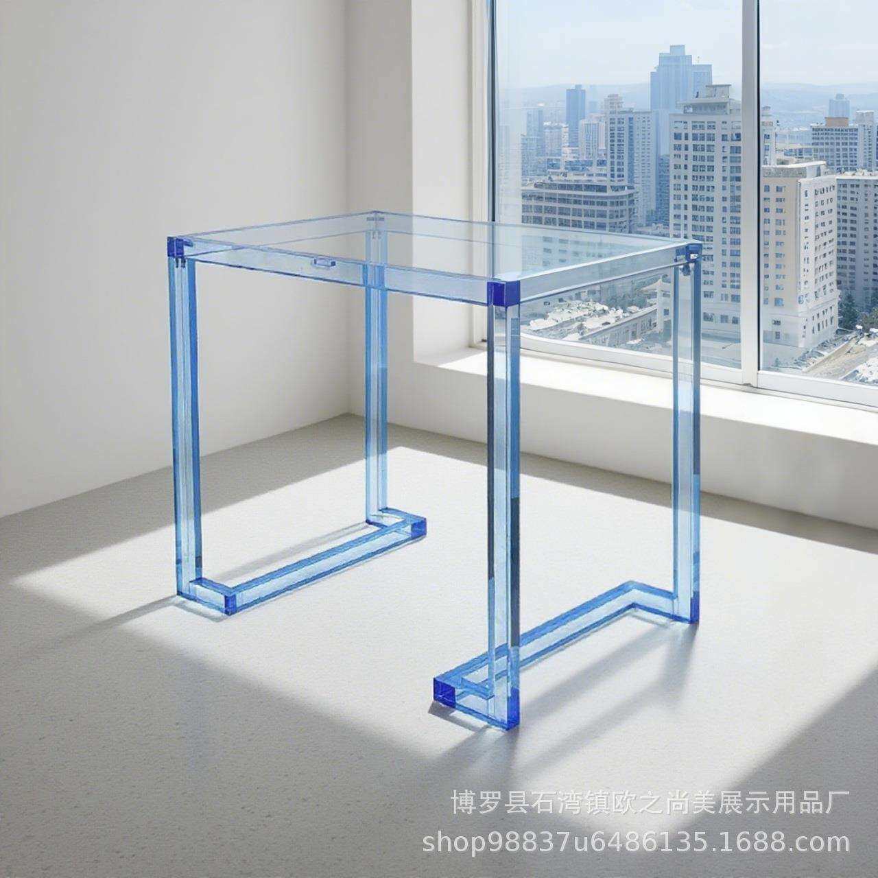 亚克力蓝色书桌现代简约透明桌子客厅多巴胺餐桌卧室创意梳妆桌