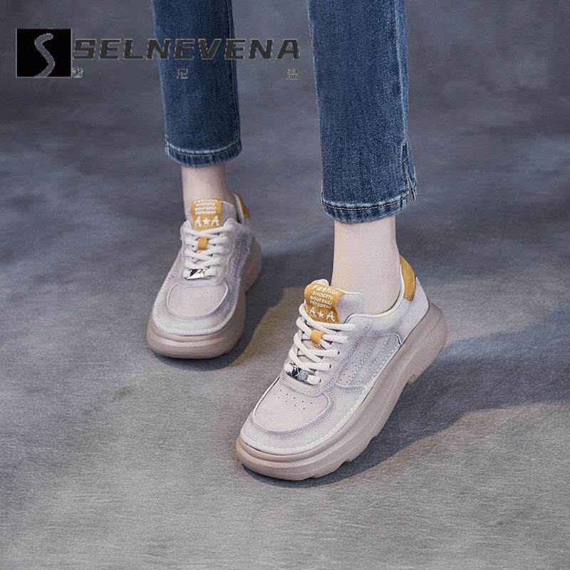 SELNEVENA头层牛皮休闲鞋女2025春季厚底系带运动休闲复古单鞋