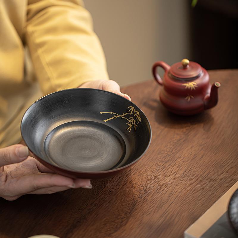 粉引胭脂红竹韵壶承简约茶点盘点心盘轻奢茶水果盘干果盘