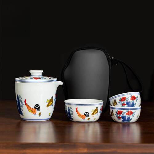 中式鸡缸杯羊脂玉瓷便携旅行茶具功夫陶瓷旅行装快客杯户外泡茶器