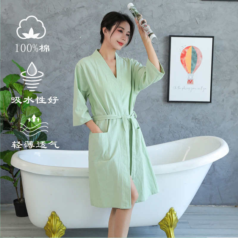 纯棉浴袍春夏薄款酒店浴服棉麻浴衣男女款美容睡袍可刺绣LOGO吸水