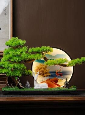 中式彷真迎客松盆景办公室摆件造景客厅玄关装饰品彷真树室内景观