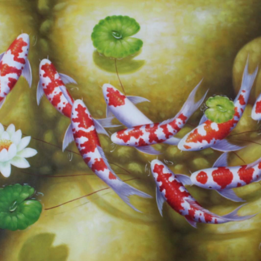 工手绘油画版锦鲤203鱼风景水装饰风横荷花莲花无框手油画图片