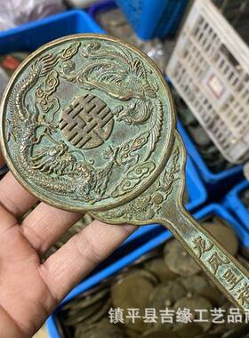 古铜镜刘海戏金蟾铜仿镜民手把镜仿古品FMA工艺黄铜俗工艺龙凤铜