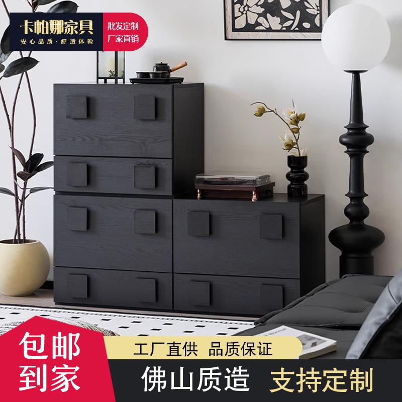 中古风床头柜卧室实木柜法式复古组合白蜡木纹收纳储物柜