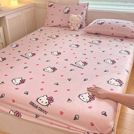 helloKitty牛奶绒床单床笠保暖儿童床上三件套卡通珊瑚绒床罩KT猫
