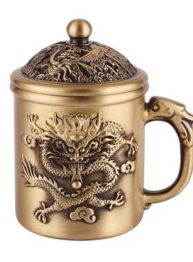 黄铜复古龙凤纯室茶杯办茶公家居喝茶带盖缸黄铜摆件金-161属制品
