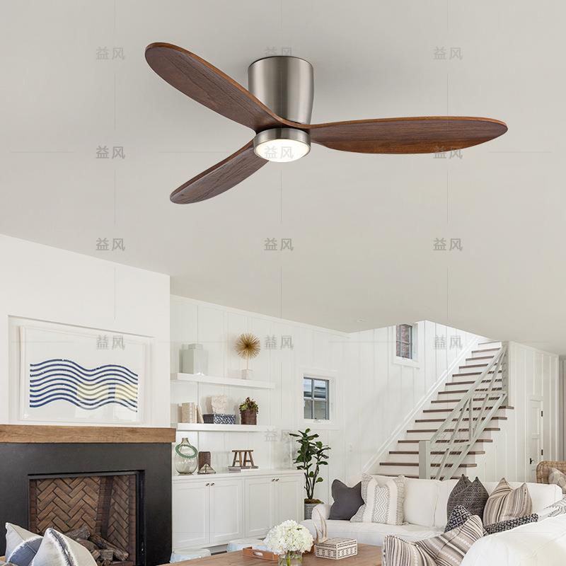 北欧实木风扇灯家用餐厅客厅吸顶吊扇灯低楼层吊顶带电的风扇吊灯
