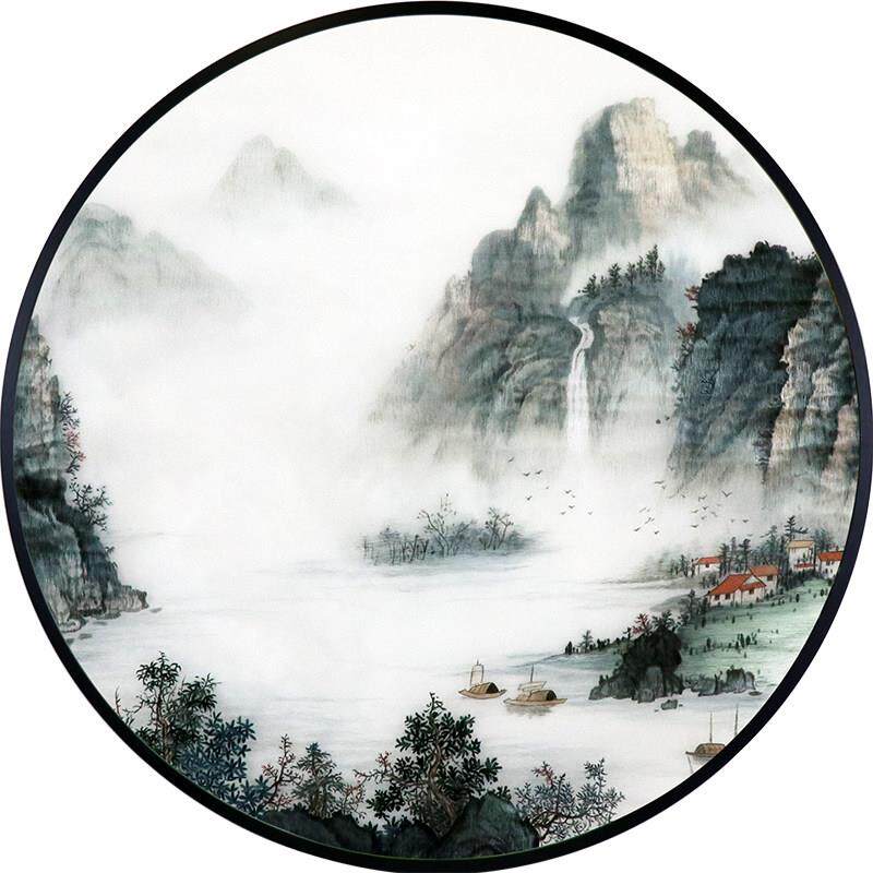苏州绣成品挂画客厅中国古典入口走廊景观装饰圆形手工绣画