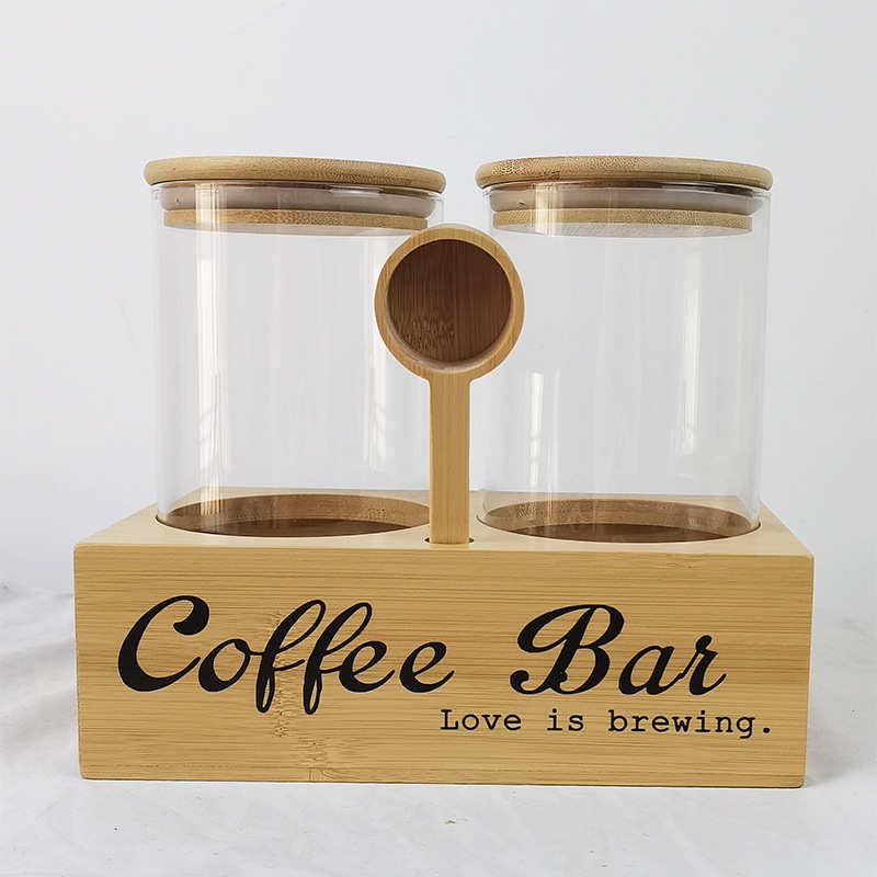 玻璃密封罐咖啡储存罐竹架厨房干果五谷杂粮透明花茶收纳瓶带木勺