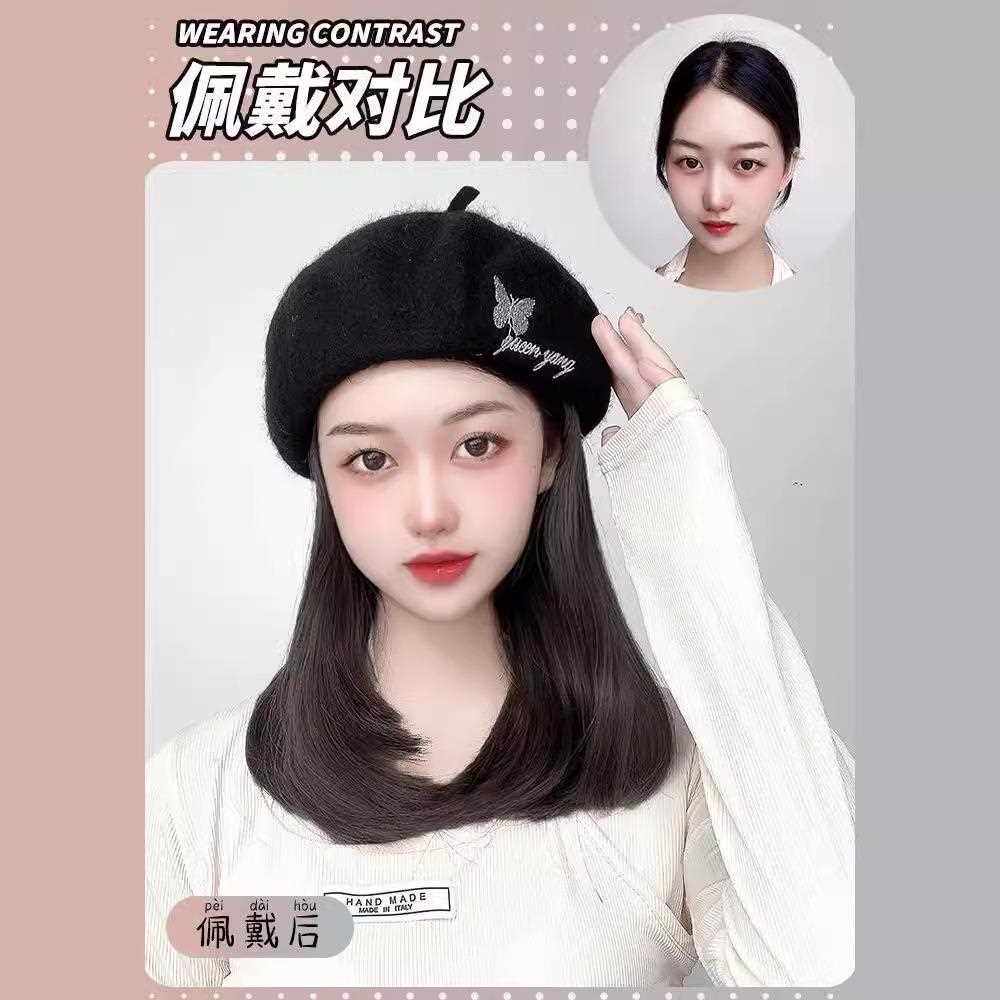 新款直销假发短发头套女帽子假发一体秋冬复古蝴蝶贝雷帽锁骨发全