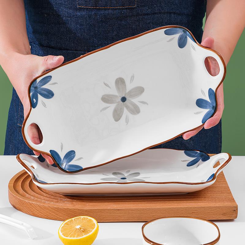 鱼盘陶瓷家用蒸鱼盘日式创意长盘子双耳烤鱼盘高级感可微波炉餐具