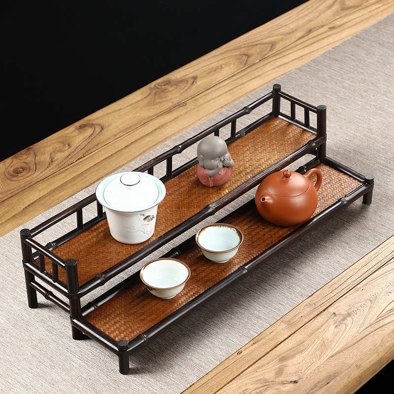 紫竹双层茶杯架席面晾杯架中式复古茶具展示收纳茶杯垫杯托茶架子